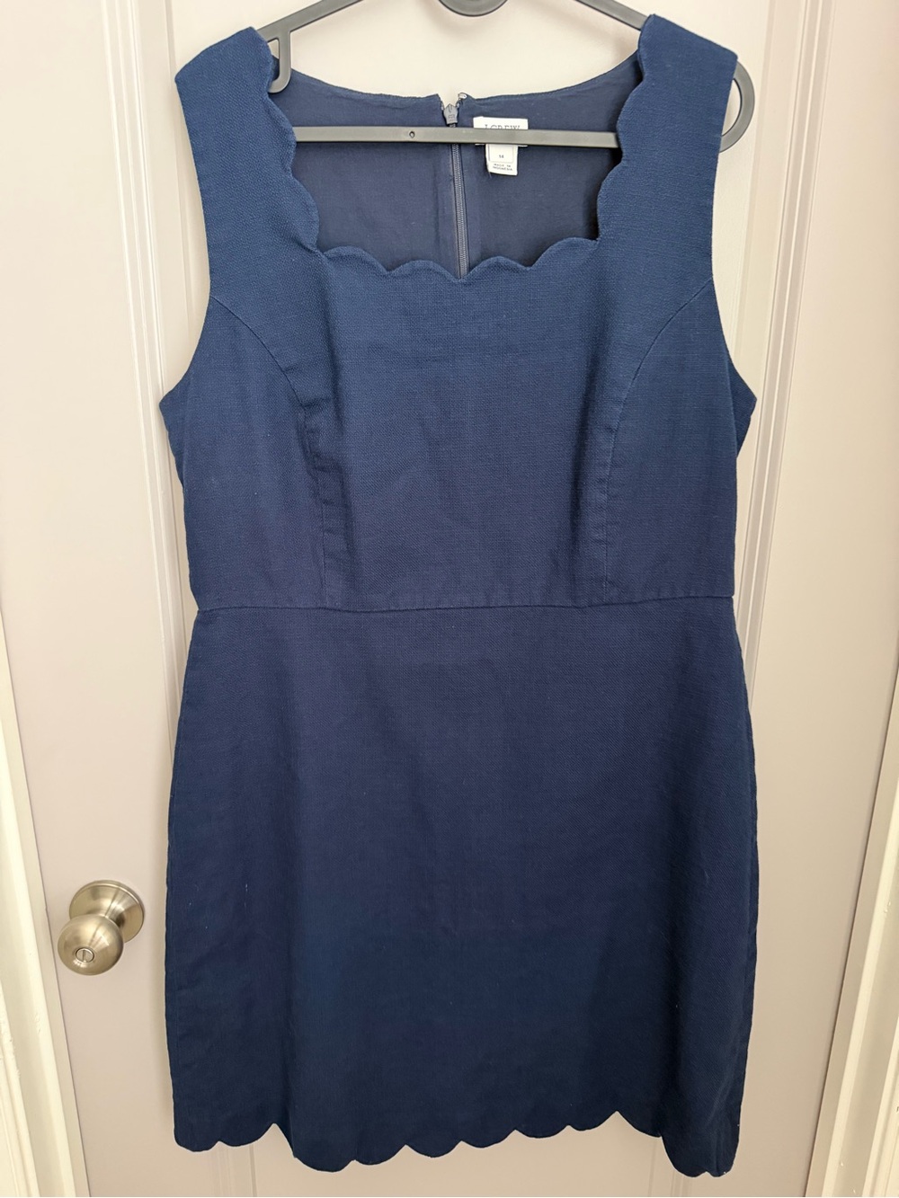 J Crew Navy Blue Basketweave Scallop Edge Dress Size 14 Cotton